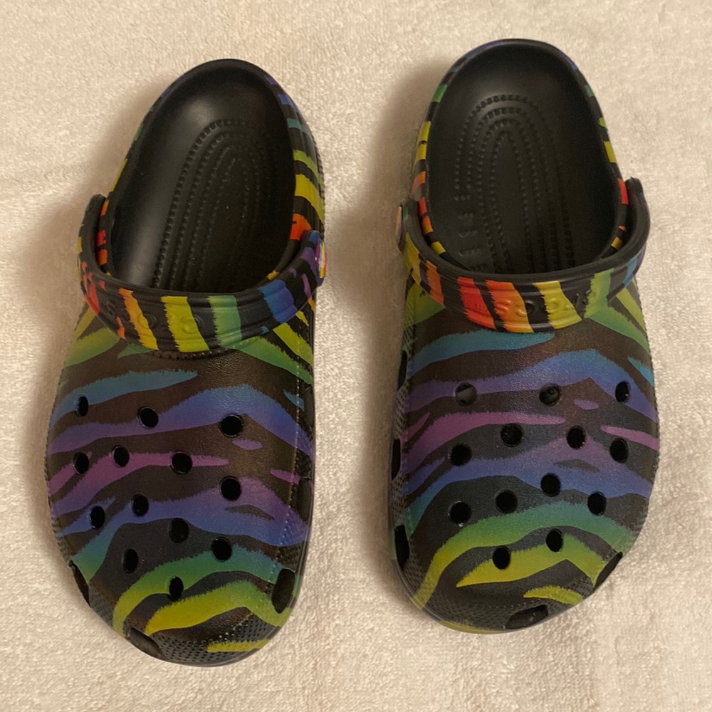 Black multi colored Crocs
